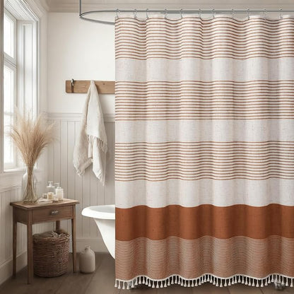 Fall Orange Boho Linen Striped Shower Curtain with Tassel 72"W X 72"L | Boho Farmhouse Shower Curtains with Linen Texture for Bathroom Decor