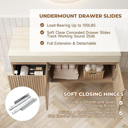 LKTART Floating 48 Inch Bathroom Vanity with Sink, Modern Plywood Wall Mounted Bathroom Storage Cabinet with 2 Doors and 1 Drawer, Roma Travertine-Pattern Sintered Stone Countertop and Ceramic Basins