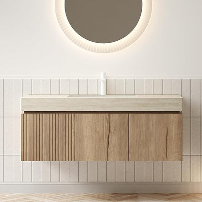 LKTART Floating 48 Inch Bathroom Vanity with Sink, Modern Plywood Wall Mounted Bathroom Storage Cabinet with 2 Doors and 1 Drawer, Roma Travertine-Pattern Sintered Stone Countertop and Ceramic Basins