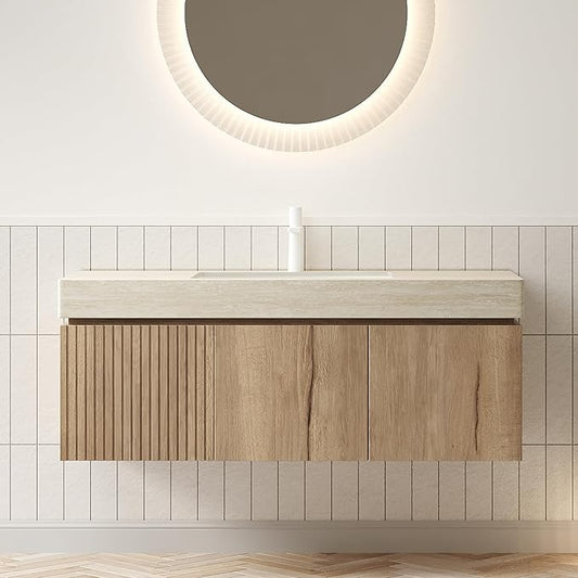 LKTART Floating 48 Inch Bathroom Vanity with Sink, Modern Plywood Wall Mounted Bathroom Storage Cabinet with 2 Doors and 1 Drawer, Roma Travertine-Pattern Sintered Stone Countertop and Ceramic Basins