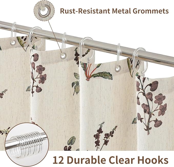 Colorful Star Farmhouse Floral Linen Shower Curtain, Vintage Boho Shower Curtain for Bathroom, French Country Pattern Waterproof Bathroom Curtains, 72" W x 72" L