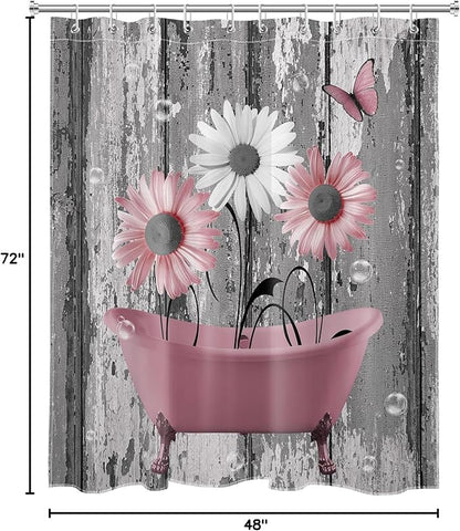 HVEST Farmhouse Pink Floral Small Shower Curtain for Bathroom Decor, Pink and Grey Daisy Butterfly on Rustic Wood Long Shower Curtain Nature Plant Flower Shower Curtain with Hooks, 48W X 72L inches