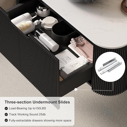 36" Floating Modern Bathroom Vanity with Sink, Natural Solid Wood Bathroom Vanities with Ultra-Thin Marble Ceramic Basin and Top, Soft-Close Design, Pre-Assembled Cabinet, Gloss Black