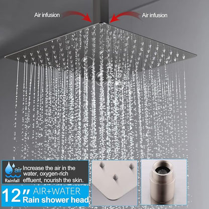 Shower System Brushed Nickel Shower Faucet Set with 2 Rain Shower Head(12+8 inch), Handheld Spray, with Temperature Display Function