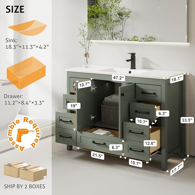 eclife 48" Bathroom Vanities with Sink Combo, Modern Thickened Wood Bathroom Storage Cabinet w/Undermount Single Sink, Matte Black Faucet Drain, Painted Surface, Green