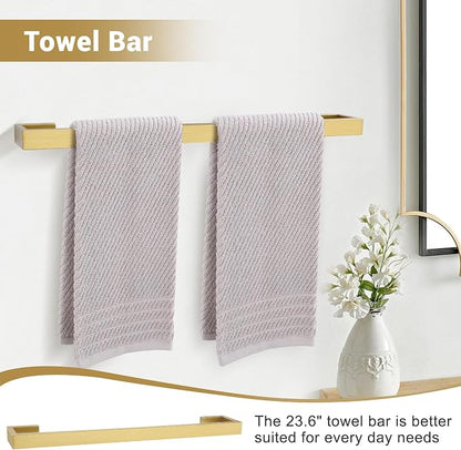 Lairuier Brushed Gold Bathroom Accessories, 23.6 inches Towel Bar Set | Including Towel Bar, Towel Holder, Toilet Paper Holder, Towel Hook, SUS304 Stainless Steel Bathroom Towel Holder Hardware Set