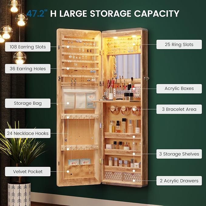HNEBC Full Length Mirror with Storage, Wall Mounted Jewelry Cabinet with RGB Lights & Remote, Lockable Over Door Jewelry Organizer with Drawer, Foldout Makeup Tray 47.2" Hx14.5 Wx3.9 D, Natural