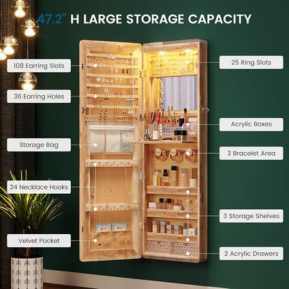HNEBC Full Length Mirror with Storage, Wall Mounted Jewelry Cabinet with RGB Lights & Remote, Lockable Over Door Jewelry Organizer with Drawer, Foldout Makeup Tray 47.2" Hx14.5 Wx3.9 D, Natural