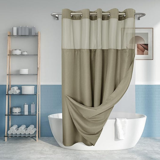 River Dream No Hook Slub Textured Shower Curtain with Snap-in PEVA Liner Set - 71" x 74"(72"), Hotel Style with See Through Top Window, Machine Washable & Water Repellent, Taupe, 71x74