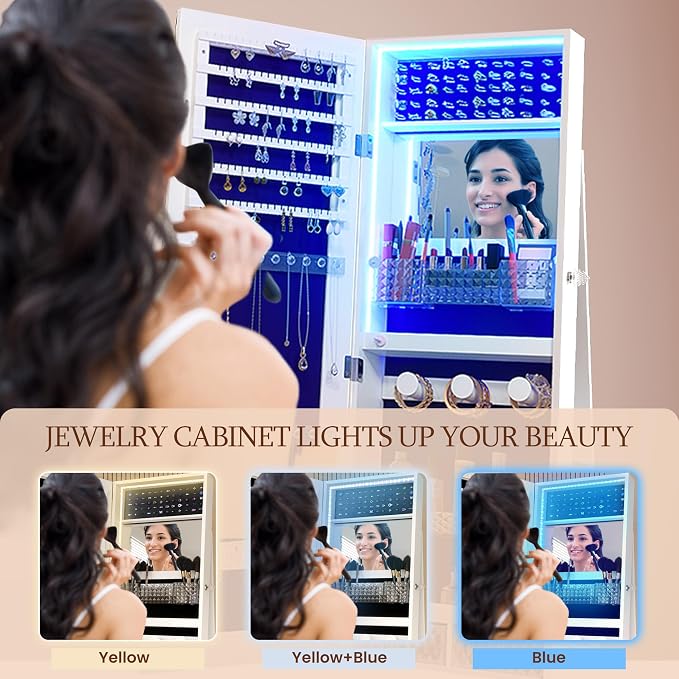 FOCALWEET LED Lockable Mirror Jewelry Cabinet, 360° Swivel Jewelry Organizer Armoire Standing, Frameless Full-Length Mirror, 63'' Standing Jewelry Mirror with Storage for Jewelry, White