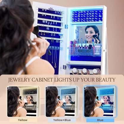 FOCALWEET LED Lockable Mirror Jewelry Cabinet, 360° Swivel Jewelry Organizer Armoire Standing, Frameless Full-Length Mirror, 63'' Standing Jewelry Mirror with Storage for Jewelry, White
