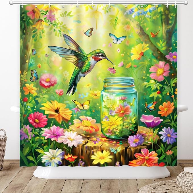 Floral Hummingbird Shower Curtain for Bathroom with Hooks Green 72x72 | Flowers Bird Wish Bottle Shower Curtain Polyester Waterproof Machine Washable Farmhouse Home Decor Bath Curtain