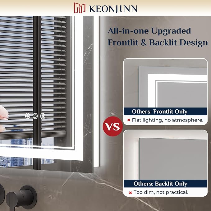 Keonjinn 55 x 36 Inch LED Bathroom Mirror with Lights, Bluetooth Speaker | Frontlit & Backlit Bluetooth Mirror Bathroom, 3000K/4500K/6000K, HD Tempered Glass, Dimmable, Fast & Safe Defogging, CRI90+