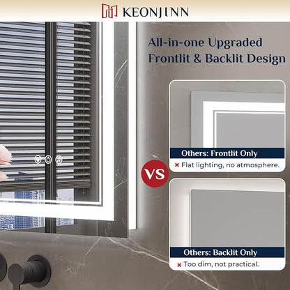 Keonjinn 36" x 36" Lighted Mirrors for Bathroom Wall, Frontlit & Backlit | Bluetooth Speaker, LED Mirror for Bathroom, HD Tempered Glass, Stepless Dimmable 3-Color Lights, Fast & Safe Defog CRI90+
