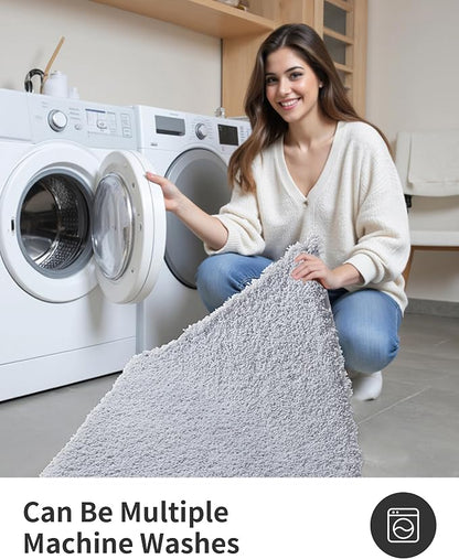 ILANGO Silver Bathroom Rugs 36" × 24" Non Slip & Super Absorbent Extra Thick Soft, Washable Bath Mat for Floor, Microfiber Plush Shaggy Bath Rug with Tub for Bathtub Shower Room Sink