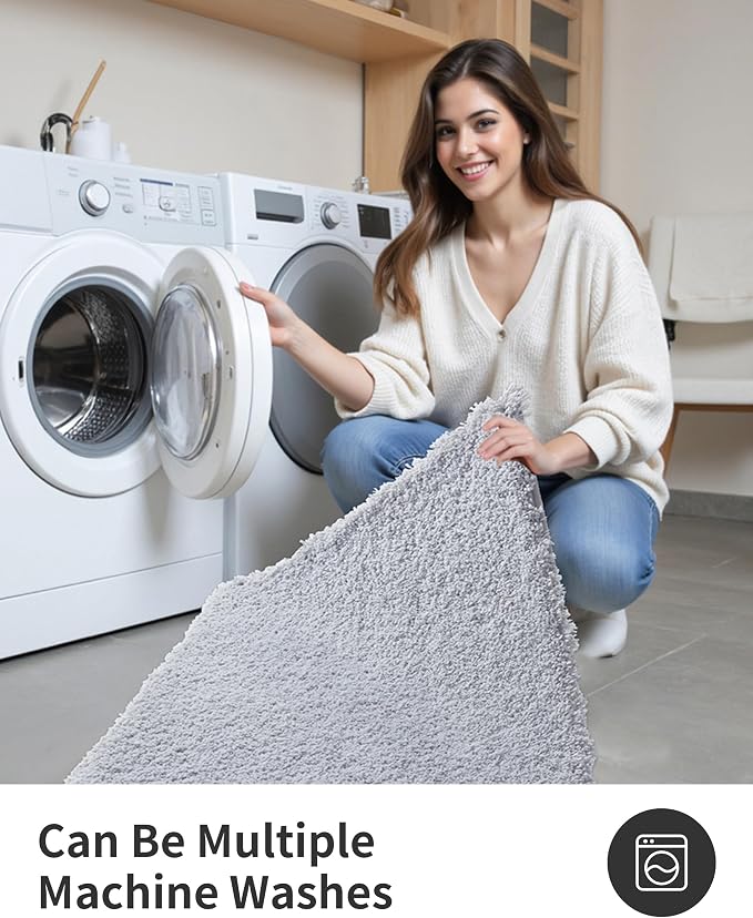ILANGO Silver Bathroom Rugs 48" × 24" Non Slip & Super Absorbent Extra Thick Soft, Washable Bath Mat for Floor, Microfiber Plush Shaggy Bath Rug with Tub for Bathtub Shower Room Sink