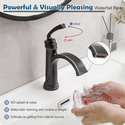 Brass Oil Rubbed Bronze Bathroom Faucet 1 Hole, Waterfall Bathroom Sink Faucet 4 Inch 3 Hole Single Handle with Pop-up Drain, Pre-Installed Water Hoses, Deck Plate for Farmhouse Vanity Sink