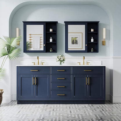 80-Inch Bathroom Vanity with Double Sinks W/ 4 Doors & 4 Drawers & 2 Flip Drawers, Navy Blue Vanity W/Brushed Gold Handles