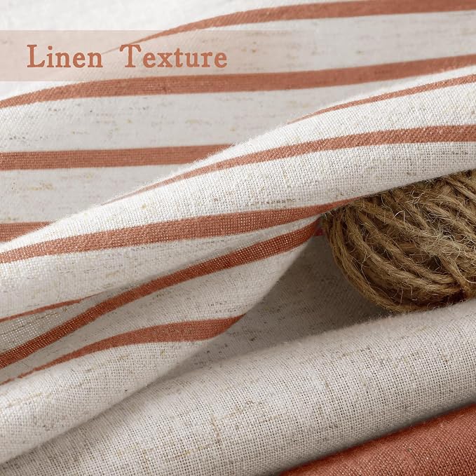 Coral Boho Linen Striped Shower Curtain with Tassel 72" W X 72" L | Boho Farmhouse Shower Curtains with Linen Texture for Bathroom Decor