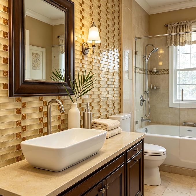 Glass Mosaic Sample Tile Beige Gold for Kitchen Backsplash Bath Wall Decor | Glossy Surface Shine, 3D Arched Interlocking, Indoor Walls, Bathroom Shower, Fireplace Surrounds and Modern Interiors Spaces