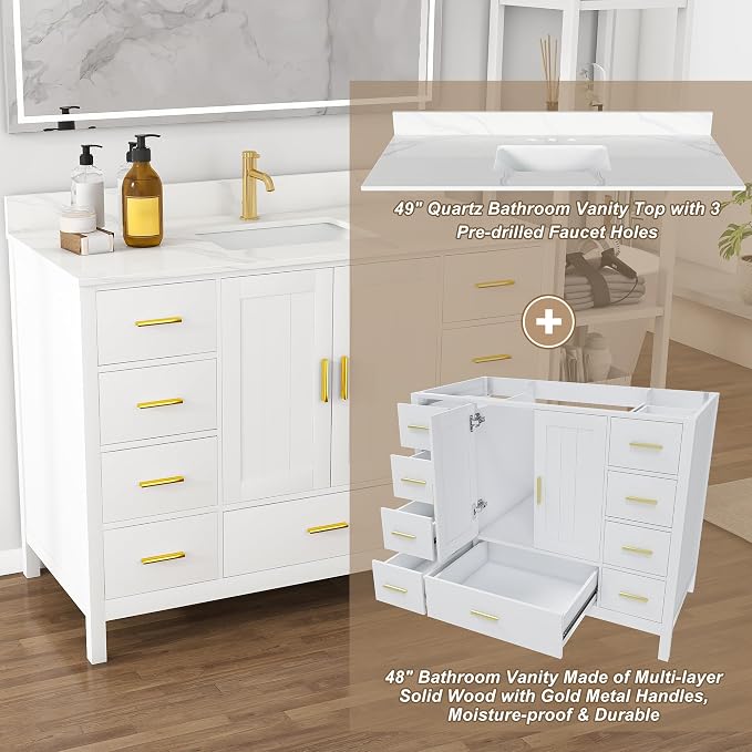 48 Inch Bathroom Vanity with Sink&Countertop,Carrara White Quartz Counter Top with Sink&Backsplash,White Bathroom Cabinet Set with 2 Doors and 9 Drawer(Three Holes)