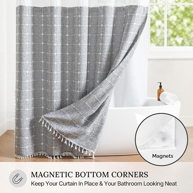 River Dream Farmhouse No Hooks Shower Curtain with Snap-in Liner,Grey,71x86 | Snap on Fabric Liner,Heavy Duty,Quick Dry,Mesh Top Window,With Bottom Magnets,Washable,with Tassels,Extra Long Size