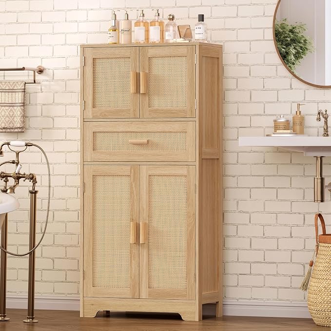 TEENFON 47.2" H Tall Storage Cabinet with Adjustable Shelf, Rattan Cabinet, Cupboard for Living Room, Dining Room, Entryway, Home Office, Natural