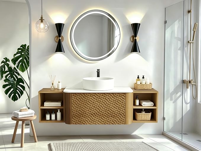 54 Inch Modern Bathroom Vanity with Ceramic Sink, Floating Bathroom Sink Cabinet with Sintered Stone Top&Solid Wood Hammered Frame, Single Bathroom Vanities w/Soft-Close Drawer&2 Side Open Cube