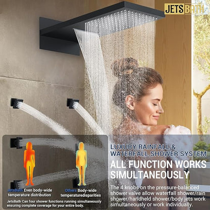 Luxury Thermostatic Rain & Waterfall Shower System with 22” Rain Shower Head & 6 Body Jets, Wall Mounted Shower Faucet Sets with Handheld Sprayer, 3/4” Inlet Thermostatic Valve