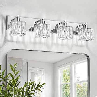 VOLISUN Chrome Bathroom Light Fixtures, Modern Stainless Steel Bathroom Lighting Fixtures Over Mirror, 4 Light Bathrooms Vanity Light, Crystal Vanity Light for Bathrooms-UL Certificated(Exclude Bulb)