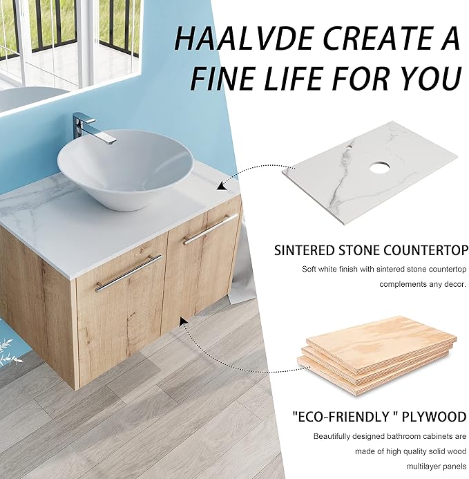30" Floating Vanity with Sink, 30 Inch Bathroom Vanity with Sink, Modern Plywood Floating Cabinet with Sintered Stone Countertop and White Ceramic Basin, Soft Close Doors
