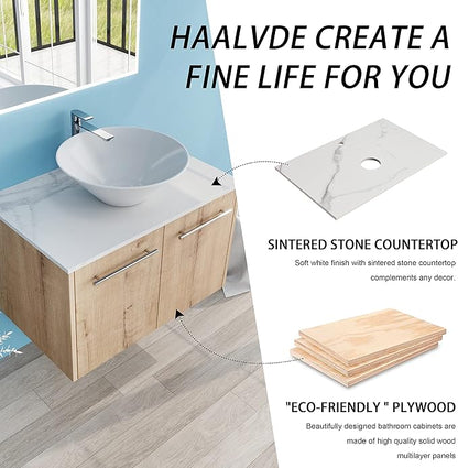30" Floating Vanity with Sink, 30 Inch Bathroom Vanity with Sink, Modern Plywood Floating Cabinet with Sintered Stone Countertop and White Ceramic Basin, Soft Close Doors
