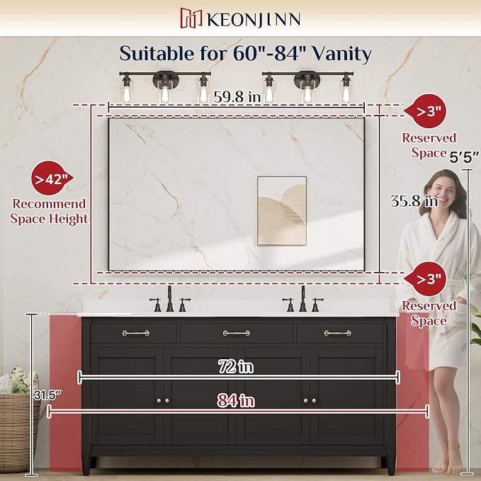 Keonjinn 60x36 Inch Black Bathroom Mirror for Over Sink, Rectangular | HD Tempered Glass, Vanity Mirror, Brushed Framed, Square Corner, Modern Farmhouse, Wall Mounted Mirrors, Aluminum Alloy