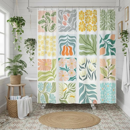 JAWO Cute Boho Floral Shower Curtain, Vintage Colorful Abstract Floral Retro Aesthetic Shower Curtain for Bathroom, Funky Unique Waterproof Fabric Polyester Bath Curtains Decor with Hooks,48Wx70H