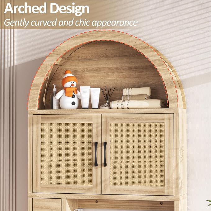 Spurgehom Over Toilet Storage Cabinet, Bathroom Arch Organizer,Rattan | Freestanding Arch Bathroom Cabinet with Anti-Tipping Safety Kit, Space-Saving Toilet Storage Shelf, Toiletries Organization.
