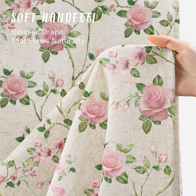 Pink and Sage Green Floral Linen Shower Curtain,Vintage Cottage core Shower Curtains for Bathroom,72Wx72H