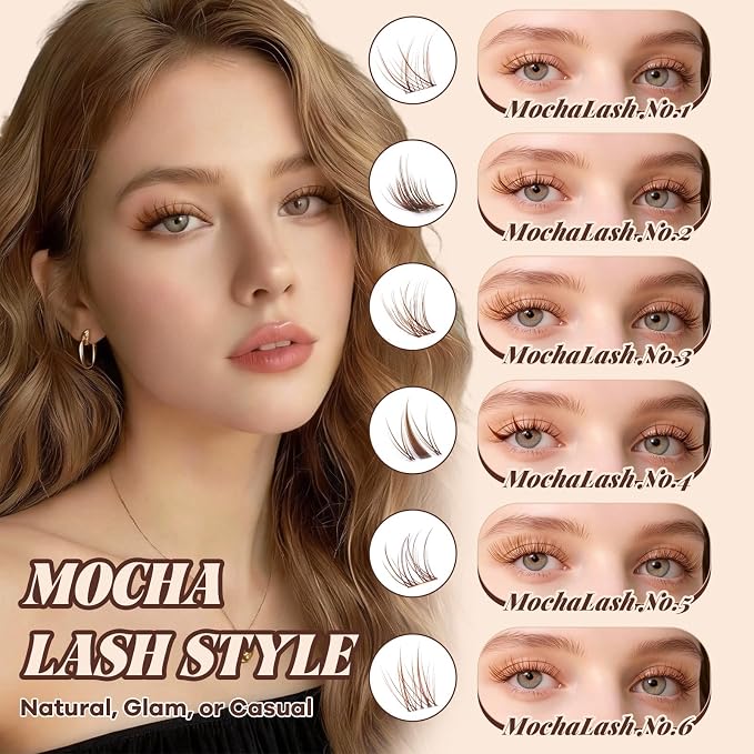 B&Q Brown Lash Clusters Natural Lash Clusters for Light Hair, Reusable MochaLash Cluster Eyelash Extensions Soft Brown False Eyelashes Comfortable Eyelash Clusters Perfect for Occasions（MochaLash 01）