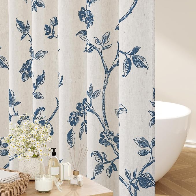 MitoVilla Long Linen Floral Shower Curtain for Bathroom,72 x 78 | Long Cottagecore Spring Shower Curtains for Bathroom, Modern Farmhouse Country Plant Leaves Bathroom Décor, 72 x 78