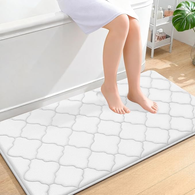 OLANLY Memory Foam Bath Mat Rug 44x24, Ultra Soft and Absorbent Bathroom Rugs, Non-Slip, Comfortable, Machine Washable Bath Carpet for Bathroom Floor, Tub, Shower and Home Decor Accessories, White