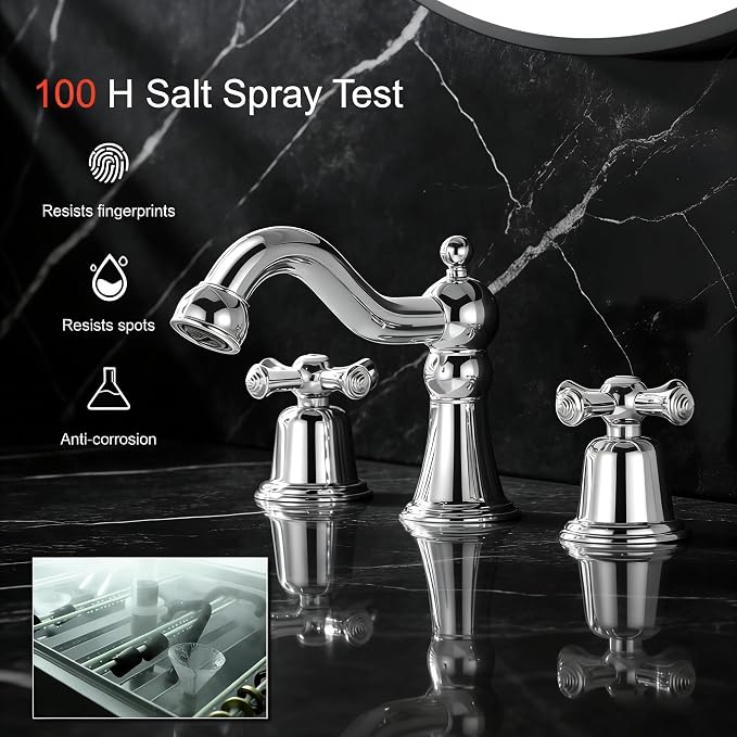 RKF Bathroom Faucets for Sink 3 Hole Chrome 8 inch Widespread Bathroom Sink Faucet with Drain 2 Handles Cross Knobs Faucet Bathroom Vanity Faucet Basin Mixer Tap CWF033-CP