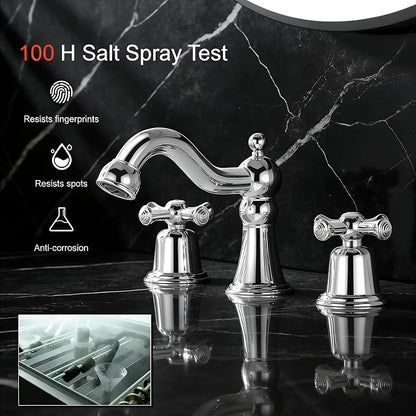 RKF Bathroom Faucets for Sink 3 Hole Chrome 8 inch Widespread Bathroom Sink Faucet with Drain 2 Handles Cross Knobs Faucet Bathroom Vanity Faucet Basin Mixer Tap CWF033-CP
