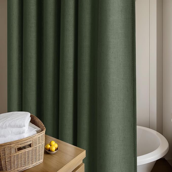Olive Green Shower Curtain for Bathroom Water Repellent 72x90 Inch | Extra Long, Linen Shower Curtains 90 Inches Long, Boho Shabby Chic Country Rustic, Green, Bath Decor Drapes, with Hooks