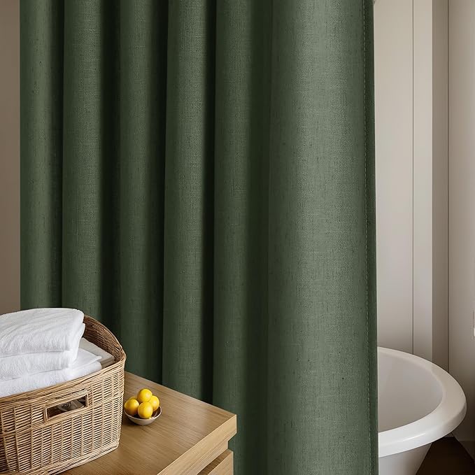 Olive Green Shower Curtain for Bathroom Water Repellent 72x96 Inch | Linen, Extra Long, Extra Tall, Shower Curtains 96 Inches Long, Boho Farmhouse, Green Drapes, with Hooks, 8 Ft, 72 x 96 Inches