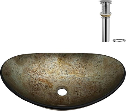 Logmey 21" Glass Bathroom Vessel Sink Vanity Countertop Oval Bowl with Chrome Pop up Drain Set,Glass Art Basin,Blood Plasma Silver Foil