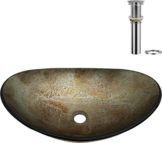 Logmey 21" Glass Bathroom Vessel Sink Vanity Countertop Oval Bowl with Chrome Pop up Drain Set,Glass Art Basin,Blood Plasma Silver Foil