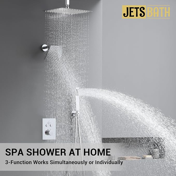 Thermostatic Dual Shower Head System, Chrome Shower Faucet | 12 Inch Ceiling Rainfall Shower, 6 Inch Wall Mount Head, High Pressure Handheld Sprayer, Push Button Valve