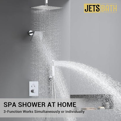 Thermostatic Dual Shower Head System, Chrome Shower Faucet | 12 Inch Ceiling Rainfall Shower, 6 Inch Wall Mount Head, High Pressure Handheld Sprayer, Push Button Valve