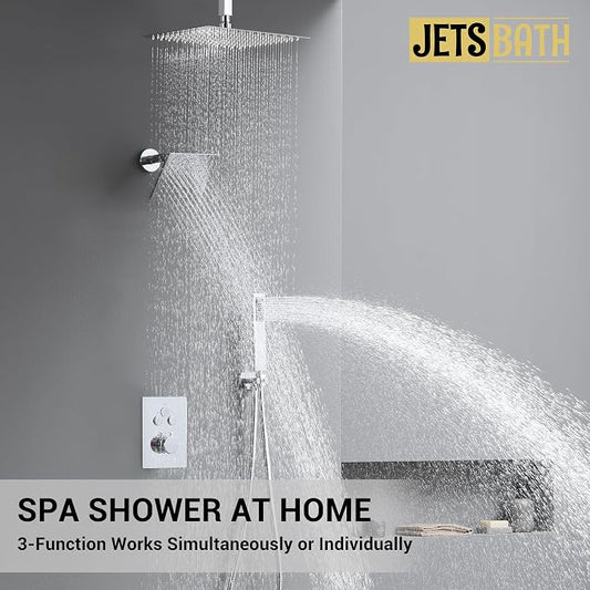 Thermostatic Dual Shower Head System, Chrome Shower Faucet | 12 Inch Ceiling Rainfall Shower, 6 Inch Wall Mount Head, High Pressure Handheld Sprayer, Push Button Valve
