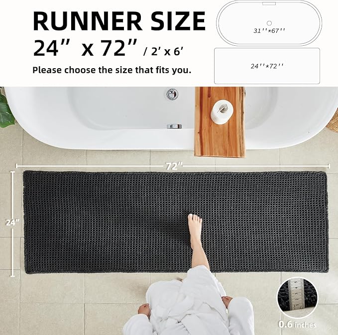 TYUU Black Waffle Runner Rug Bathroom, Long Boho Bath Mat, 72x24 | Super Absorbent Quick Dry Bath Rug, Non-Slip Backing, Soft Waffle Washable Farmhouse Bathroom Mats, Tub, Shower & Home Decor