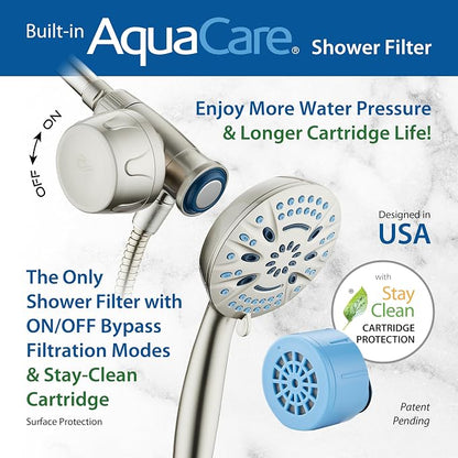 AquaCare Magneton 8-Mode High Pressure Handheld Shower Head w/Water Filter | Filters Chlorine & Toxins for Healthy Hair & Skin. Spaca-age Magnetic Docking, Hygienic Jets, Long 6 ft. Metal Hose / Nickel